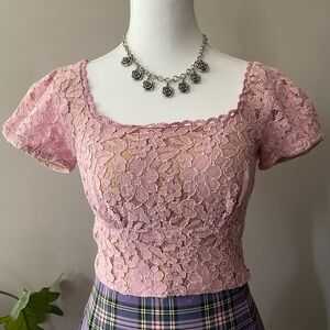 Blush Pink Floral Lace Square-Neck Crop Top
